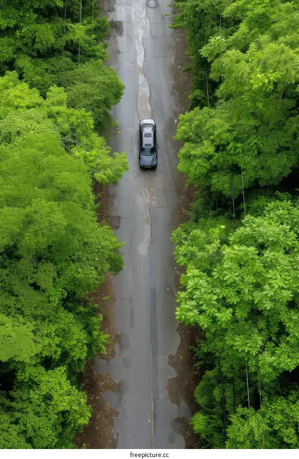 Black car driving on a road through a forest with green trees