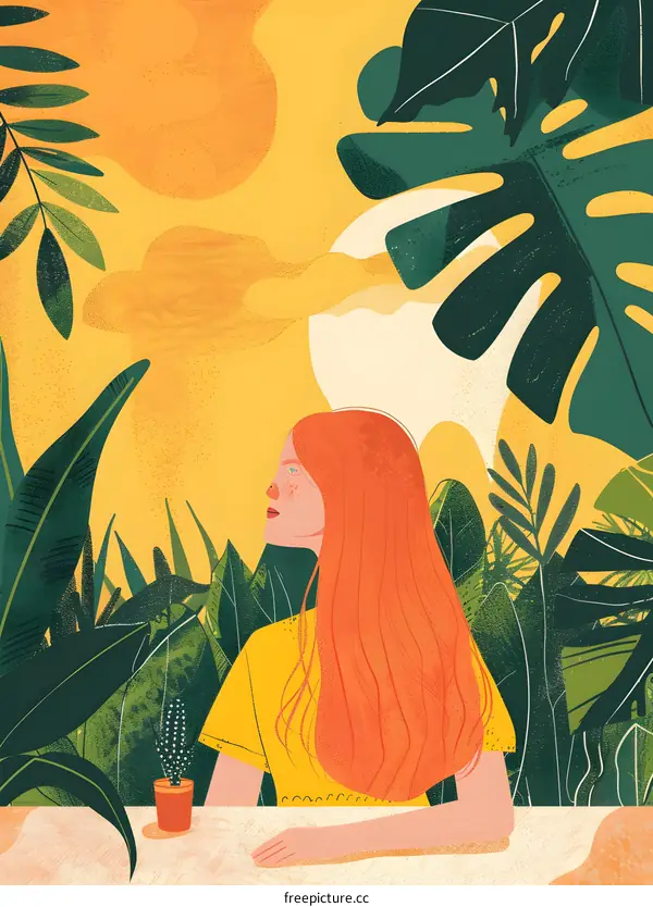 Woman With Long Red Hair Sitting in a Garden