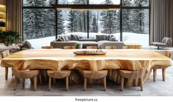 Large Wooden Dining Table with Snowy Mountain View