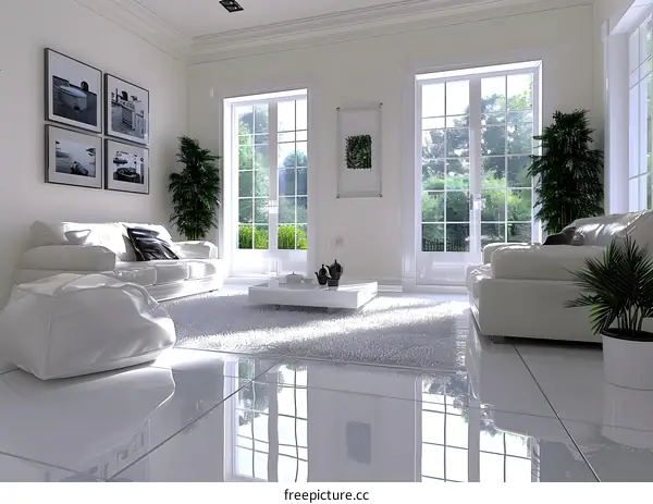 A bright and airy living room with white walls and furniture