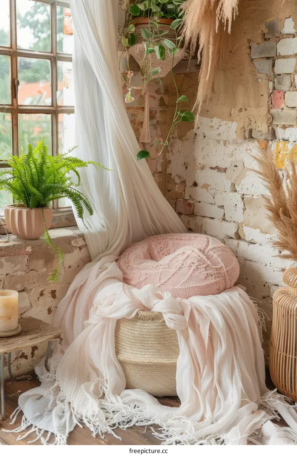 Cozy home interior with soft pink and white accents