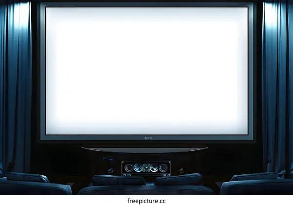 Blank Home Theater Screen with Blue Curtains