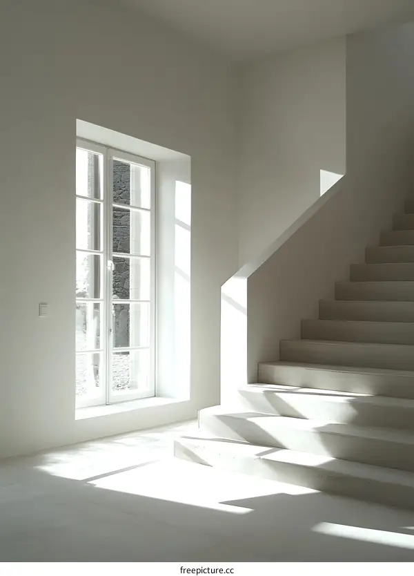 White Staircase And Window With Sunlight