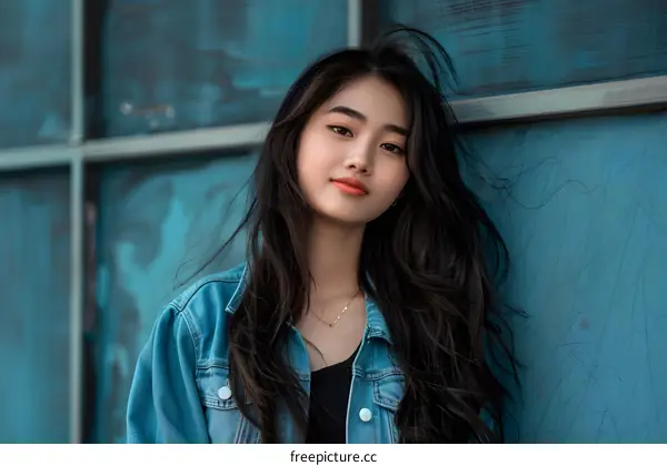 Young Asian Woman Posing With Denim Jacket Against Blue Background