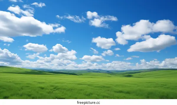 Rolling Green Hills under a Blue Sky with Fluffy Clouds