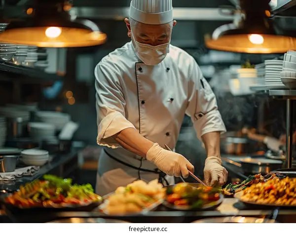 Asian chef wearing a mask and gloves cooking in a commercial kitchen