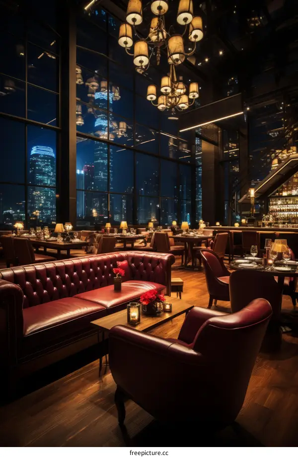 Luxurious restaurant interior with a view of the night city