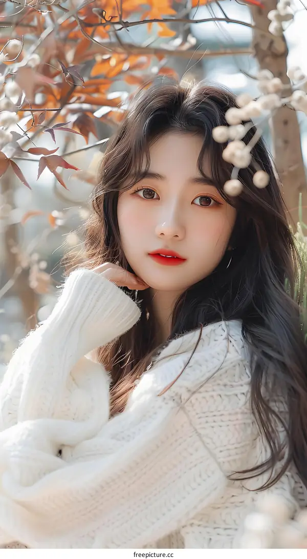 Beautiful Asian Woman Wearing a White Sweater and Looking at the Camera