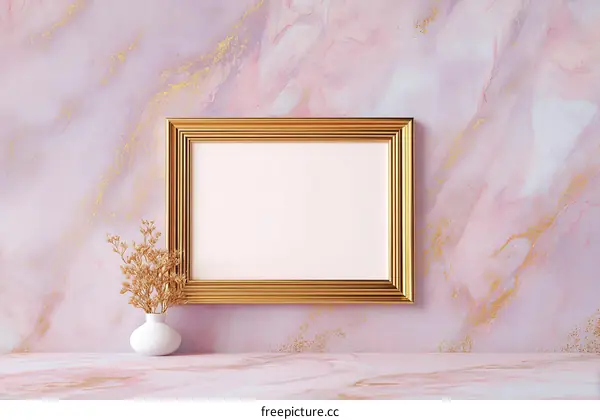 Gold Frame on Pink Marble Wall Mockup