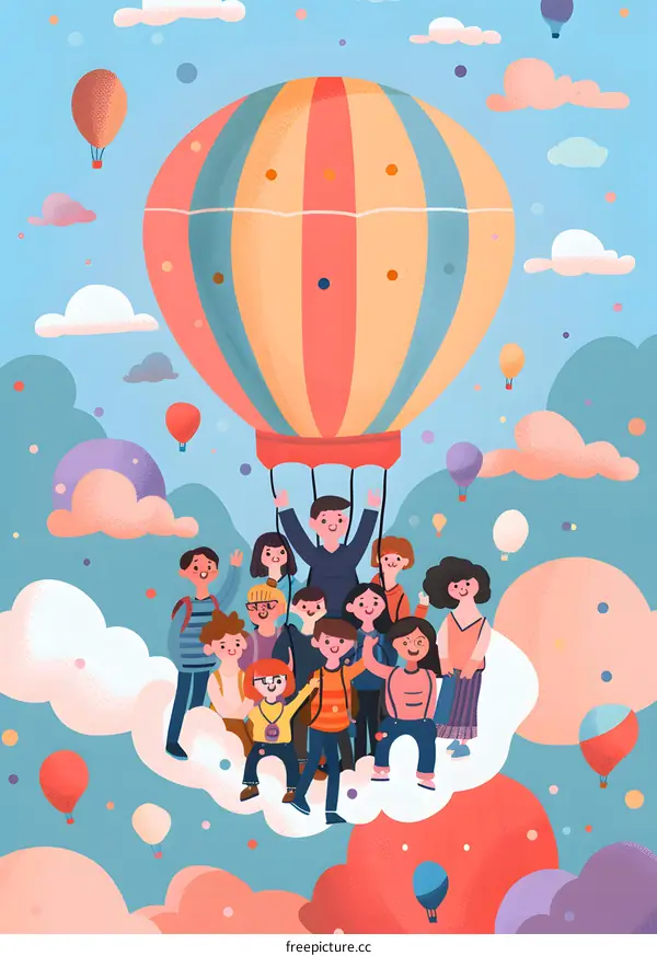 Happy Group of Diverse People in Hot Air Balloon with Clouds and Balloons