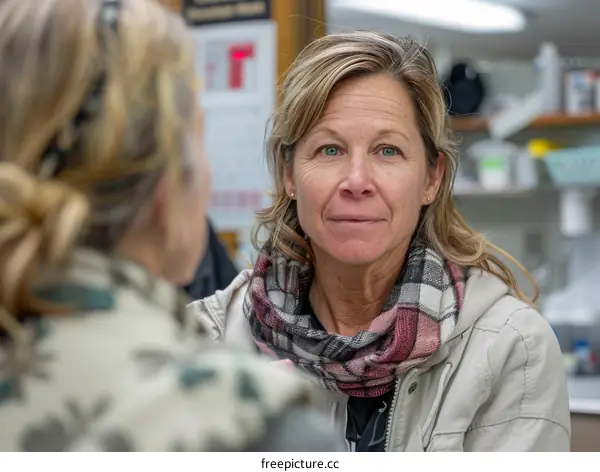 A blonde woman in a plaid scarf is talking to another woman in a military uniform.
