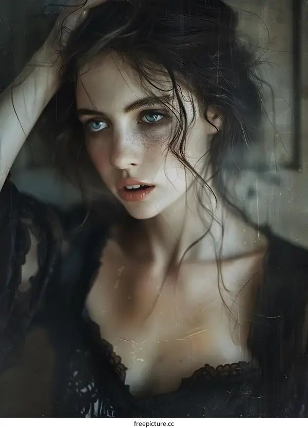 Portrait of a beautiful woman with freckles and blue eyes