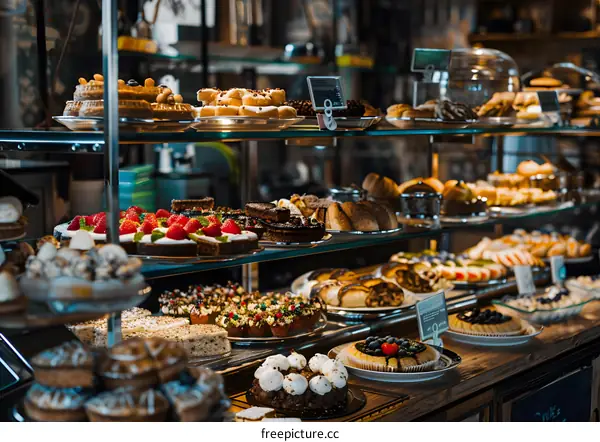 A Showcase of Delicious Bakery Goods in a Pastry Shop