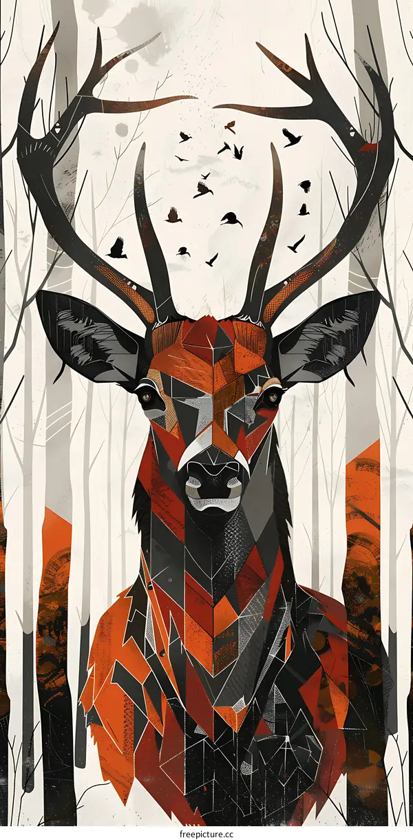 Geometric Deer Art Print with Birds and Forest Background
