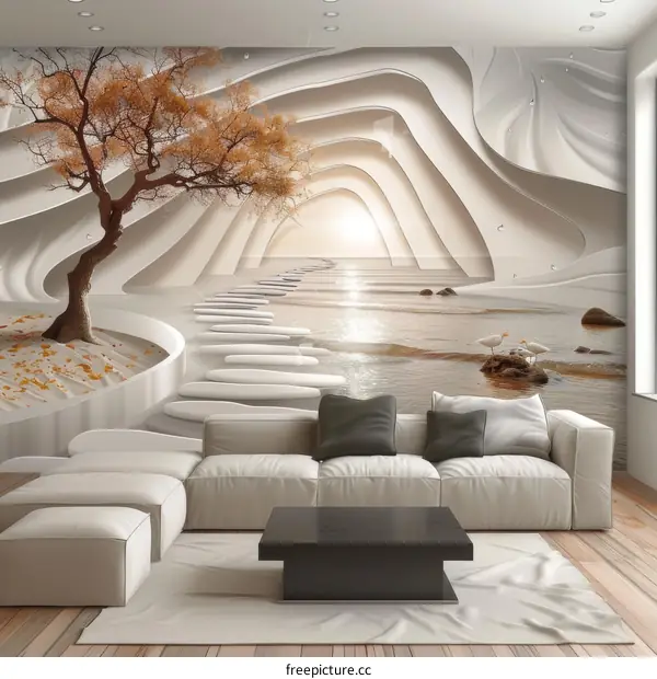 Surreal Landscape with Tree and Path to Sea