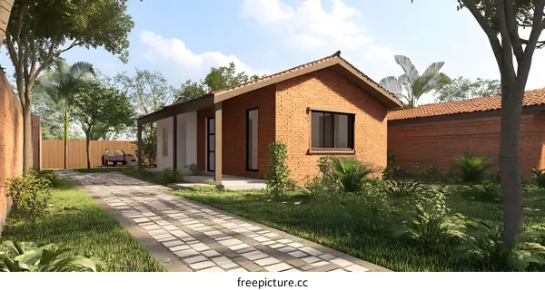 Brick House with Stone Path and Green Grass