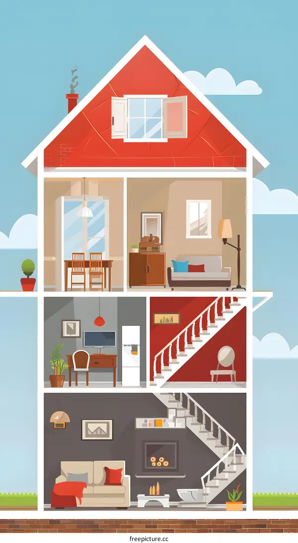 House Interior Cut-away Illustration