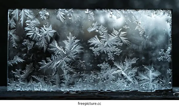 Ice crystals formed on a frozen window pane