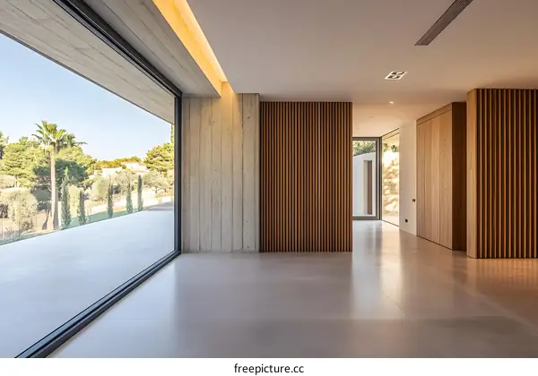 Modern Minimalist Interior Design with Large Windows and Wooden Wall Panels