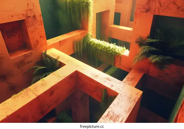 Abstract Orange and Green Architectural Design with Plants
