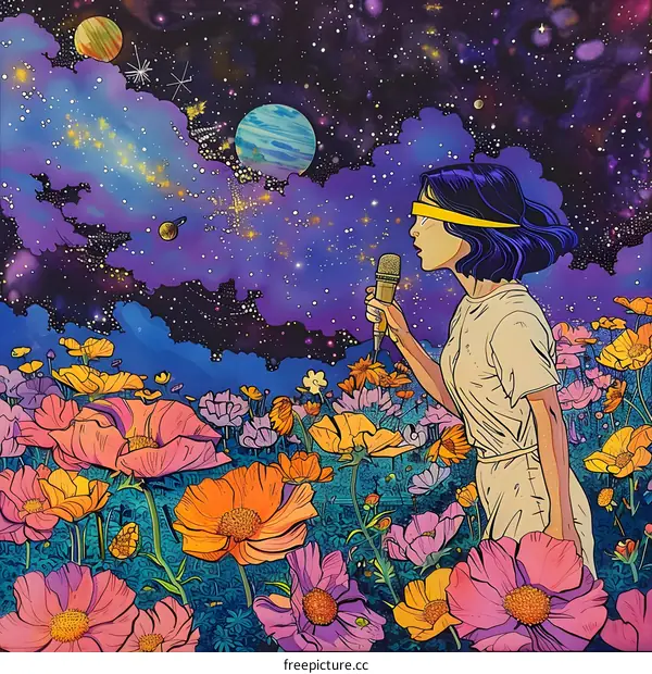 Cosmic Serenade: A Woman Singing Among the Stars
