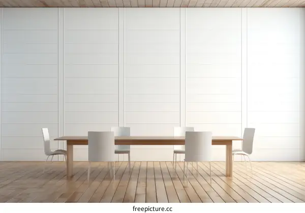 White minimalist conference room with long wooden table and chairs