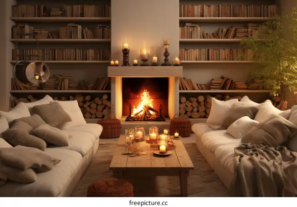 Cozy Living Room with Fireplace, Bookshelves & Comfortable Sofas