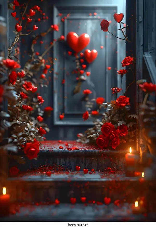Staircase decorated with red rose petals and red hearts