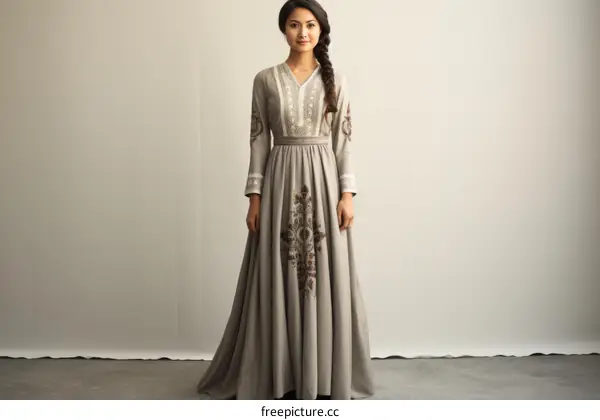 A young woman wearing a long gray dress with brown embroidery