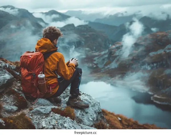 Man in orange jacket sits on rock overlooking mountain valley