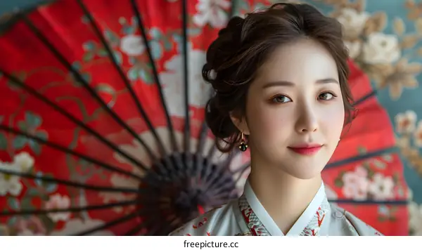Elegant Asian Woman in Traditional Kimono with Red Fan