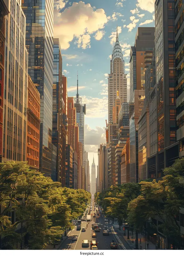 New York City Skyline with Trees and Skyscrapers