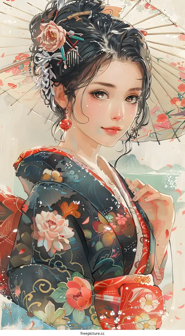 An Asian woman in traditional Japanese kimono with an umbrella.