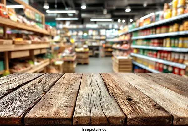 Rustic Wooden Table Top in Grocery Store Background