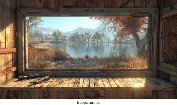 A view of a lake and mountains from a wooden cabin