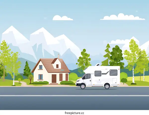 White Motor Home Driving on the Road in Front of a House in the Mountains