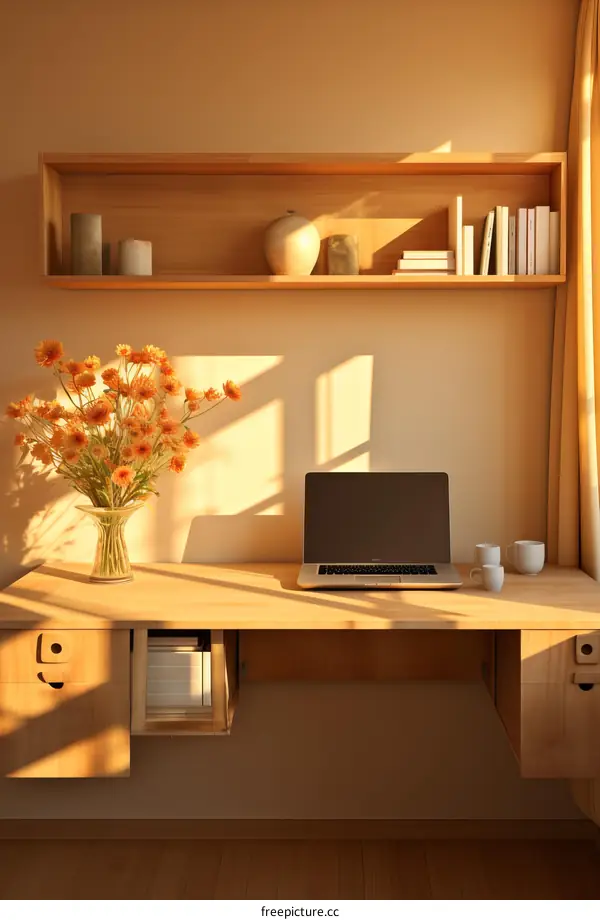 A desk with a laptop, a vase of flowers, books, and two cups on it