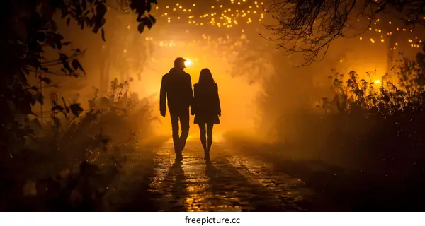 Couple Walking on Path at Night