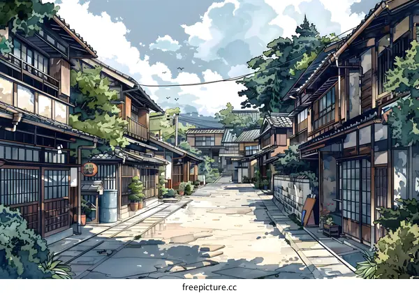 Traditional Japanese Street Illustration with Watercolor Style