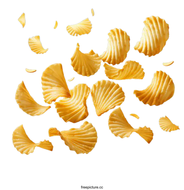 [Transparent Background PNG]Wavy yellow potato chips flying in the air