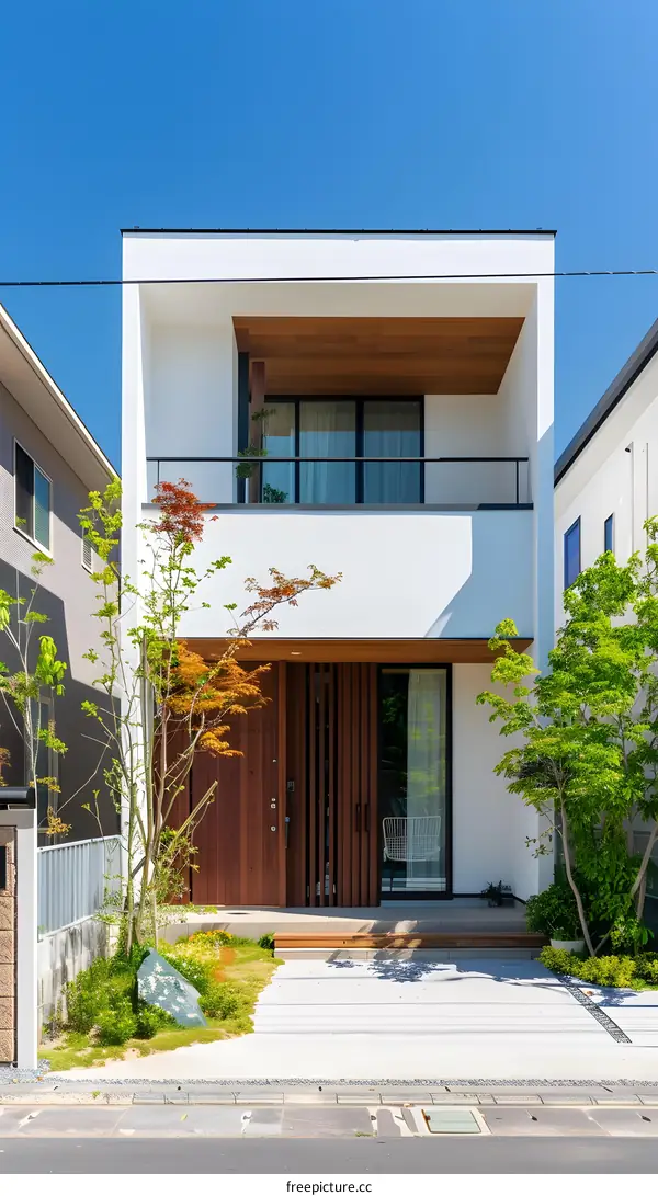 Modern Japanese House with Wooden Accents and Green Garden