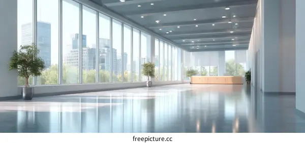 Modern Office Corridor with City Views