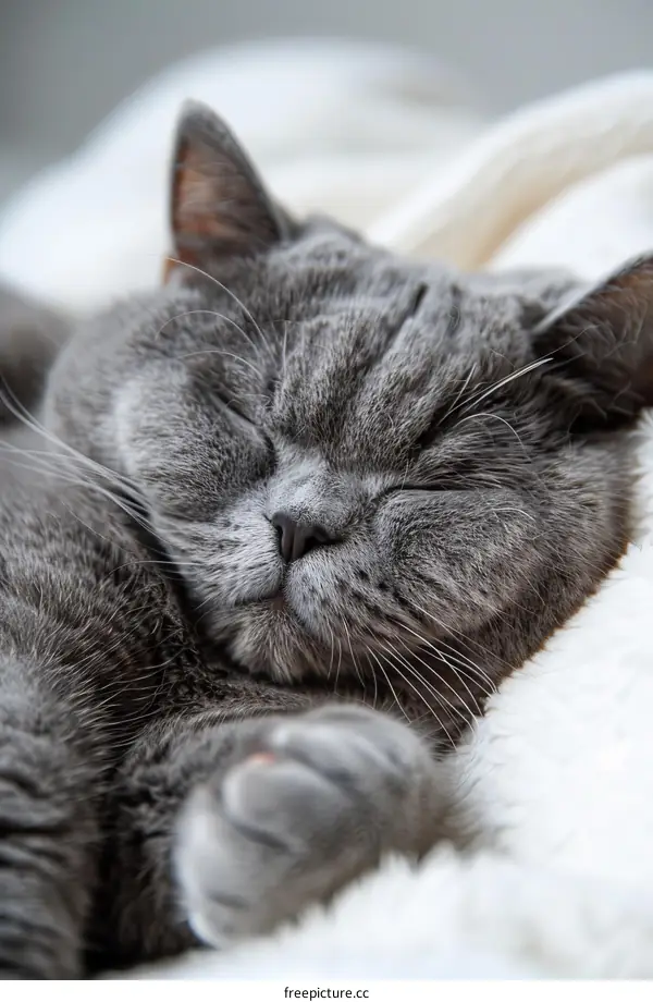 A gray cat is sleeping on a white blanket