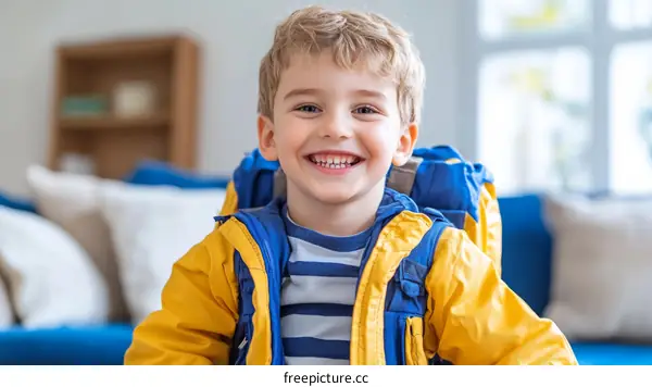 Happy Boy with Backpack Ready for School