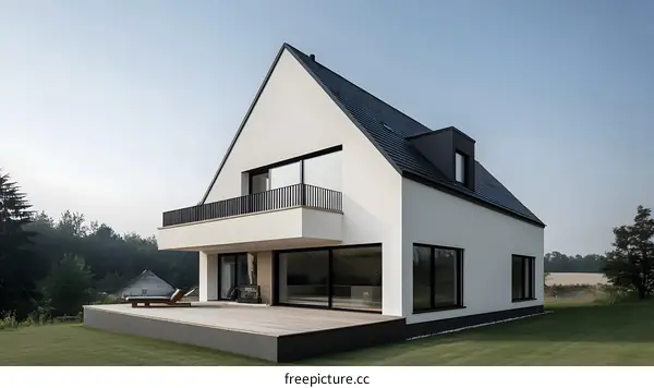 Modern White House with Black Roof and Balcony