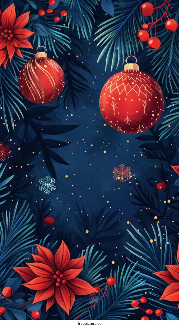 Merry Christmas! With red poinsettias and ornaments