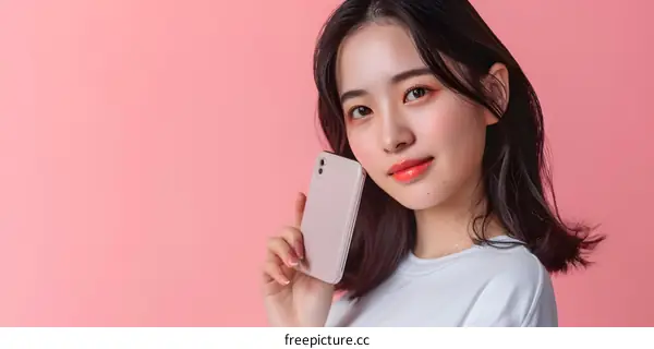 Asian Woman Holding Smartphone Against Pink Background