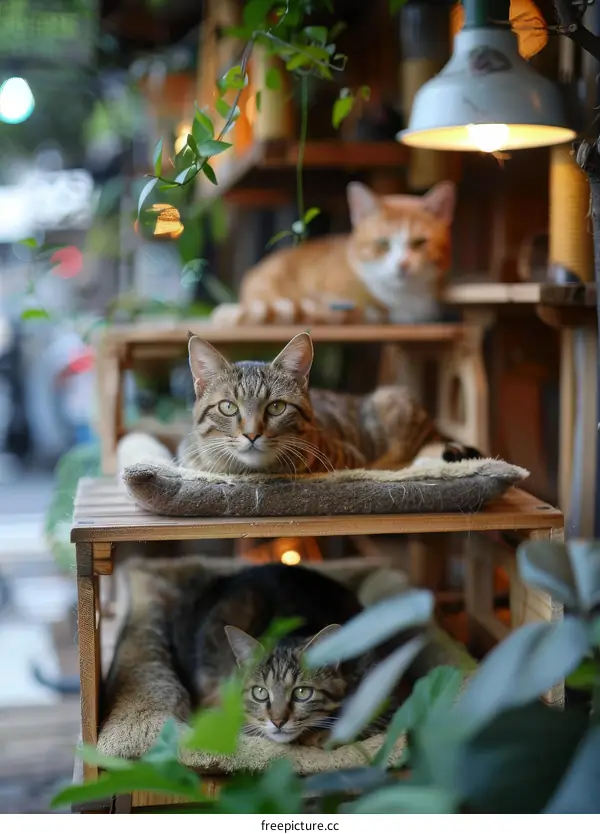 Three cats on a wooden shelf in a cafe