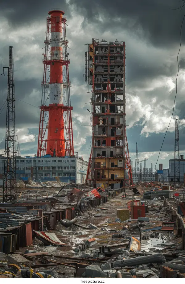 Abandoned Industrial Building with Red Tower