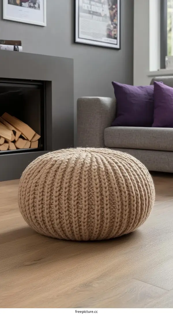 Beige Knitted Floor Pouf in a Modern Living Room